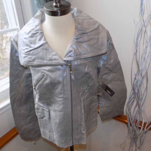 MIXIT Silver Distressed Genuine Leather Jacket and Grey Studded Gloves - Picture 1 of 5